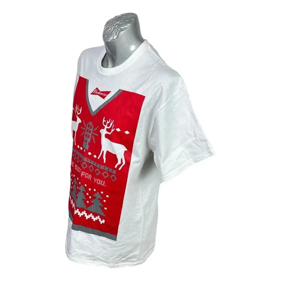 Christmas Budweiser Beer  T-Shirt Mens Shirt Size L White w Red Print New - Picture 6 of 7
